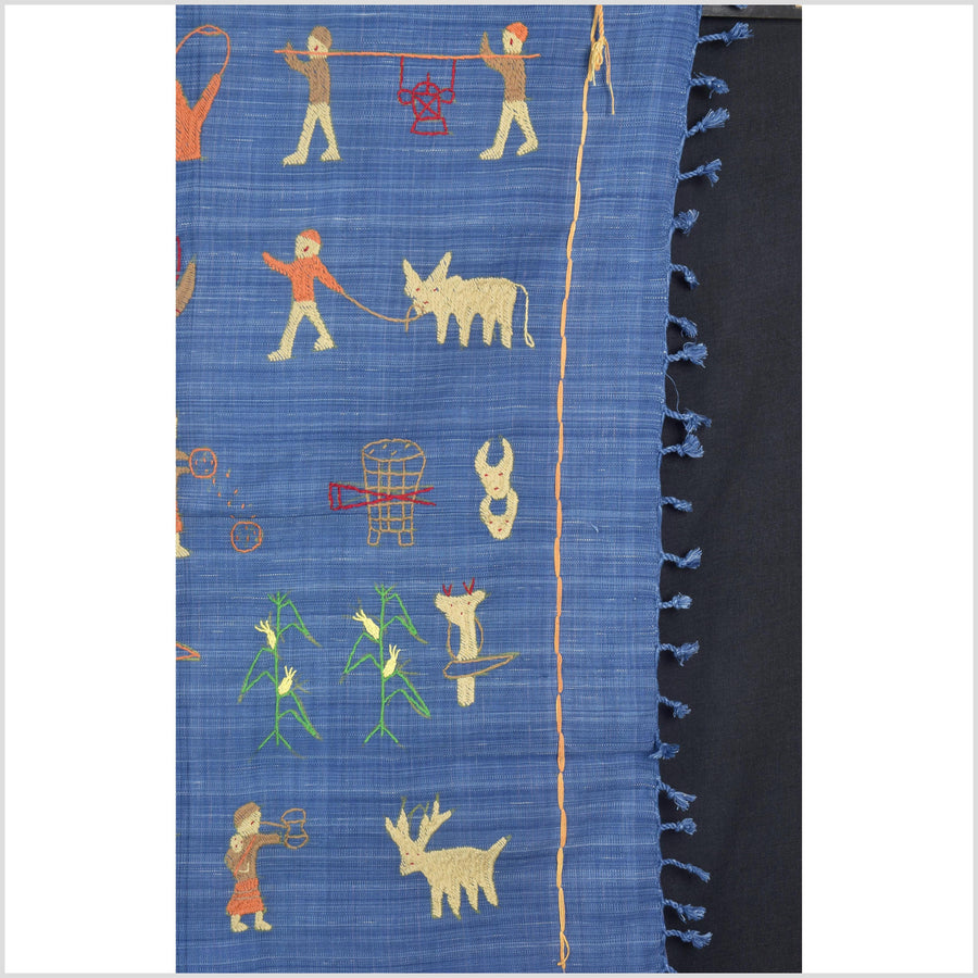 Cornflower blue cotton story quilt Naga tribal textile ethnic embroidered boho fabric Burma hill tribe tapestry Thailand India Hmong II101