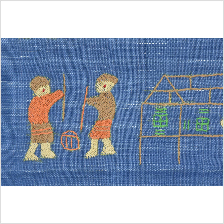 Cornflower blue cotton story quilt Naga tribal textile ethnic embroidered boho fabric Burma hill tribe tapestry Thailand India Hmong II101