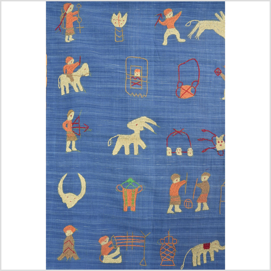 Cornflower blue cotton story quilt Naga tribal textile ethnic embroidered boho fabric Burma hill tribe tapestry Thailand India Hmong II101