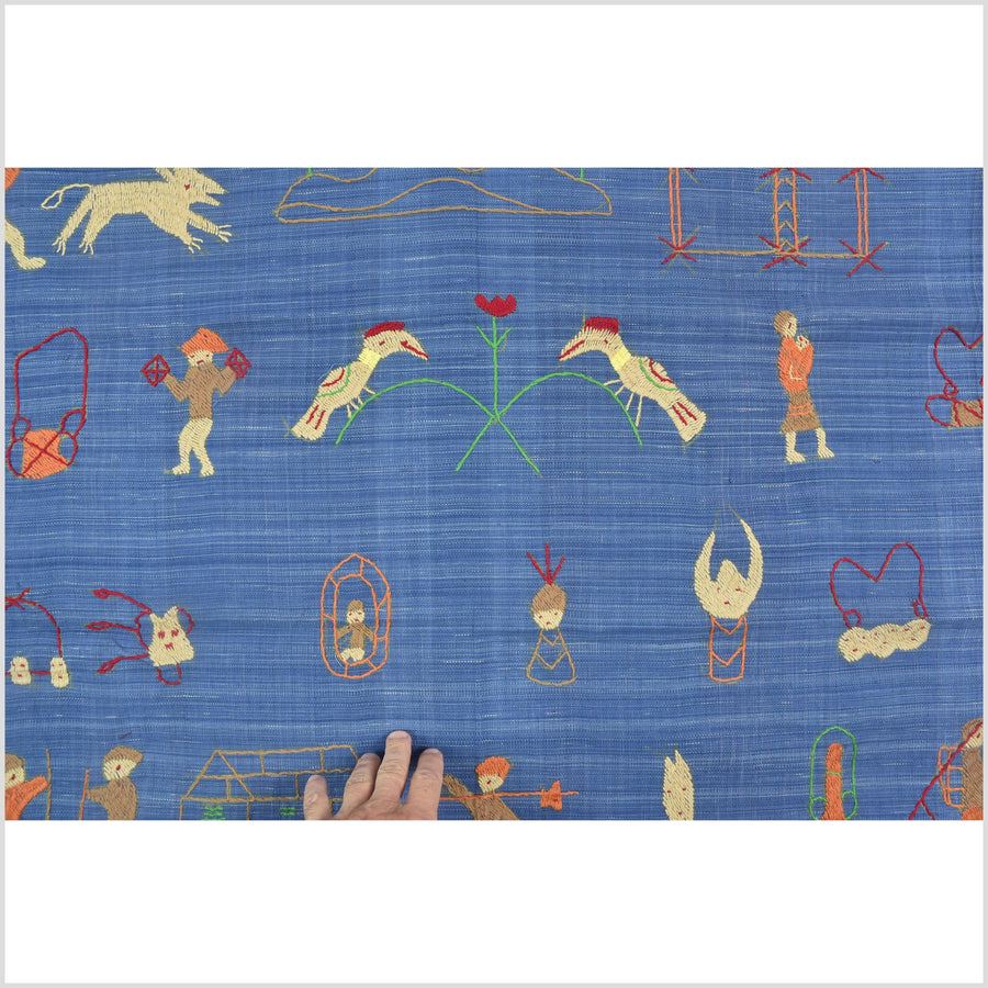Cornflower blue cotton story quilt Naga tribal textile ethnic embroidered boho fabric Burma hill tribe tapestry Thailand India Hmong II101
