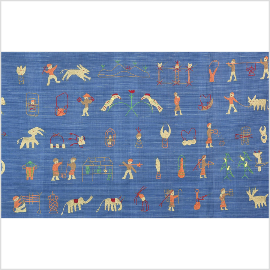 Cornflower blue cotton story quilt Naga tribal textile ethnic embroidered boho fabric Burma hill tribe tapestry Thailand India Hmong II101