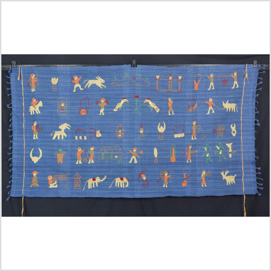 Cornflower blue cotton story quilt Naga tribal textile ethnic embroidered boho fabric Burma hill tribe tapestry Thailand India Hmong II101