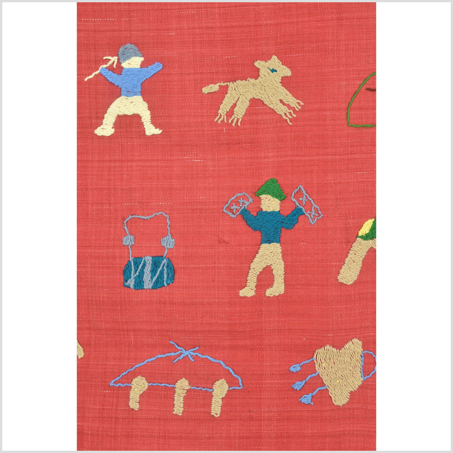 Tomato red cotton story quilt Naga tribal textile ethnic embroidered boho fabric Burma hill tribe tapestry Thailand India Hmong II102
