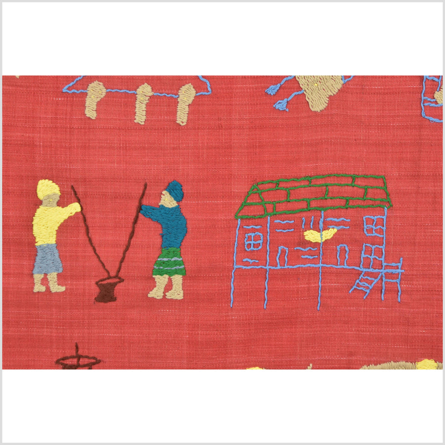 Tomato red cotton story quilt Naga tribal textile ethnic embroidered boho fabric Burma hill tribe tapestry Thailand India Hmong II102