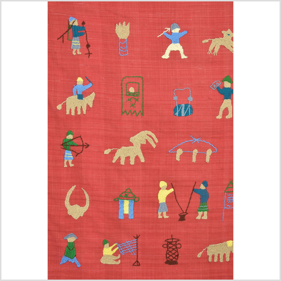 Tomato red cotton story quilt Naga tribal textile ethnic embroidered boho fabric Burma hill tribe tapestry Thailand India Hmong II102