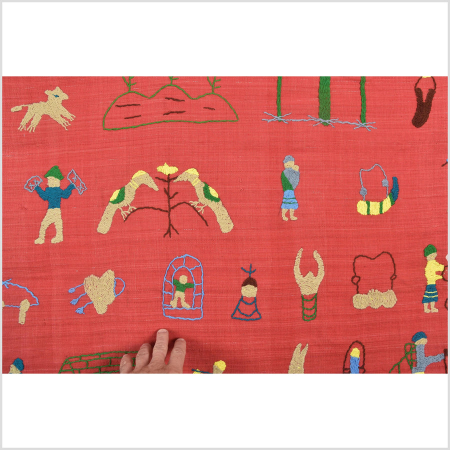 Tomato red cotton story quilt Naga tribal textile ethnic embroidered boho fabric Burma hill tribe tapestry Thailand India Hmong II102