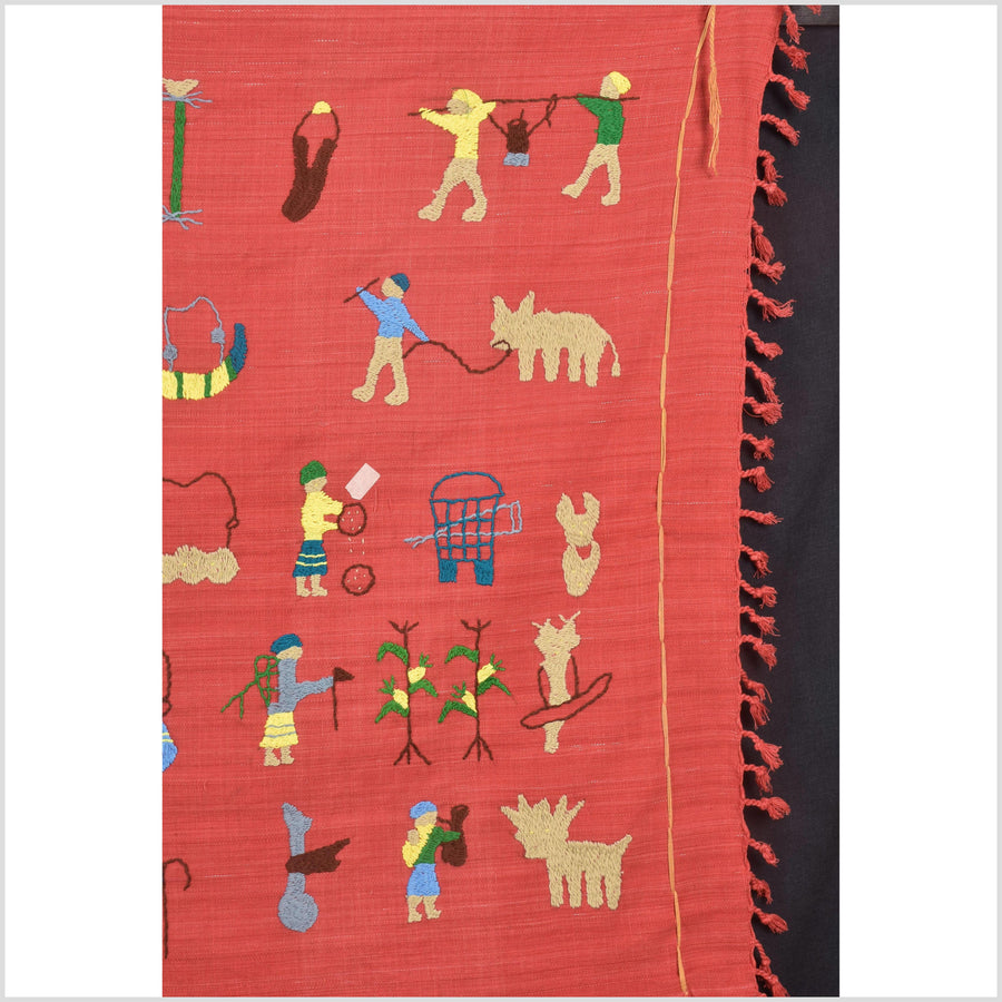 Tomato red cotton story quilt Naga tribal textile ethnic embroidered boho fabric Burma hill tribe tapestry Thailand India Hmong II102