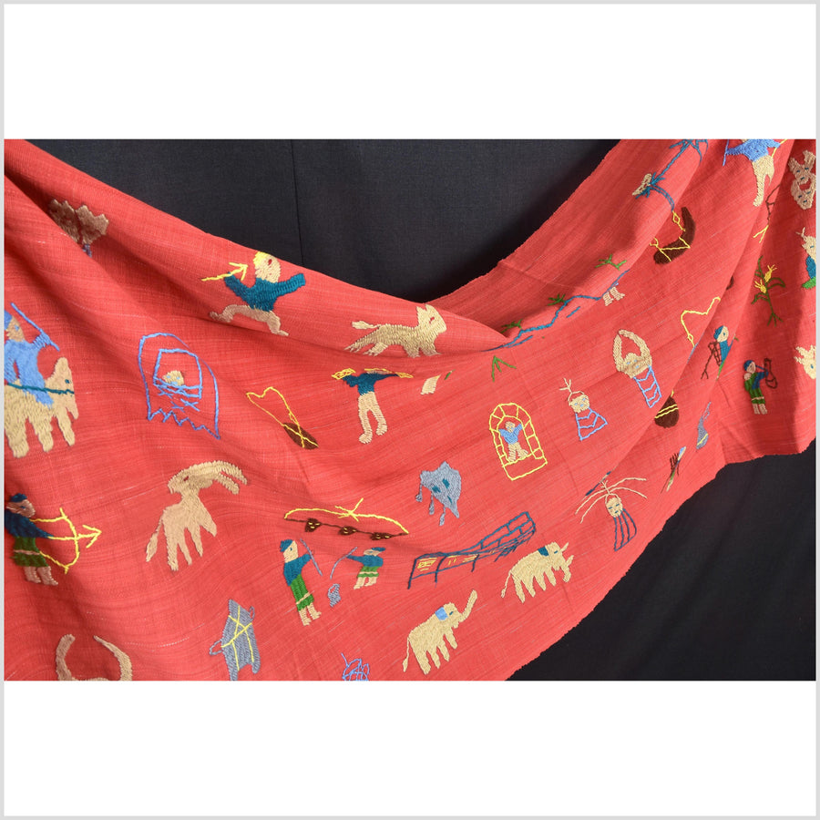 Tomato red cotton story quilt Naga tribal textile ethnic embroidered boho fabric Burma hill tribe tapestry Thailand India Hmong II103