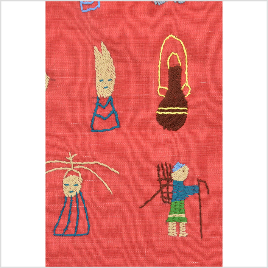 Tomato red cotton story quilt Naga tribal textile ethnic embroidered boho fabric Burma hill tribe tapestry Thailand India Hmong II103