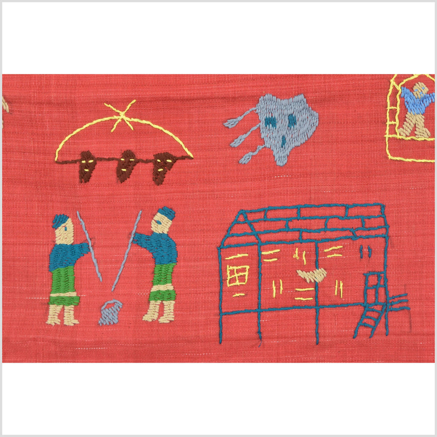Tomato red cotton story quilt Naga tribal textile ethnic embroidered boho fabric Burma hill tribe tapestry Thailand India Hmong II103