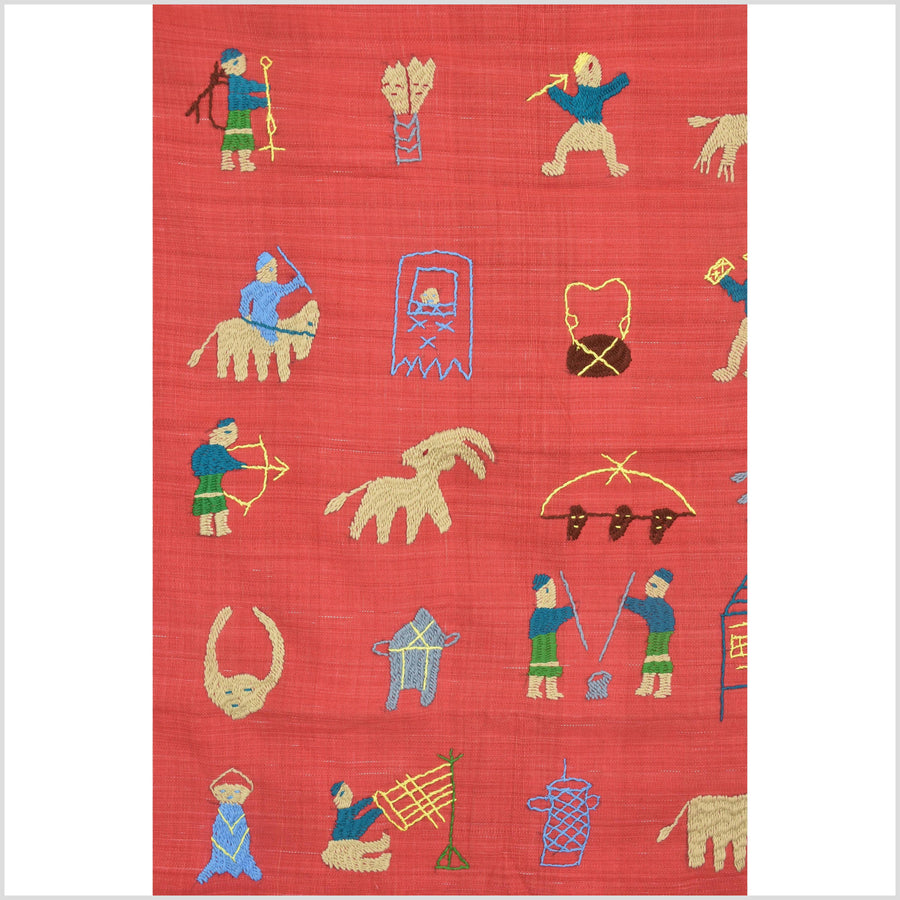 Tomato red cotton story quilt Naga tribal textile ethnic embroidered boho fabric Burma hill tribe tapestry Thailand India Hmong II103