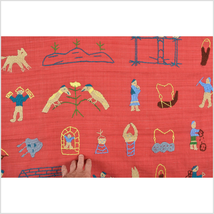 Tomato red cotton story quilt Naga tribal textile ethnic embroidered boho fabric Burma hill tribe tapestry Thailand India Hmong II103