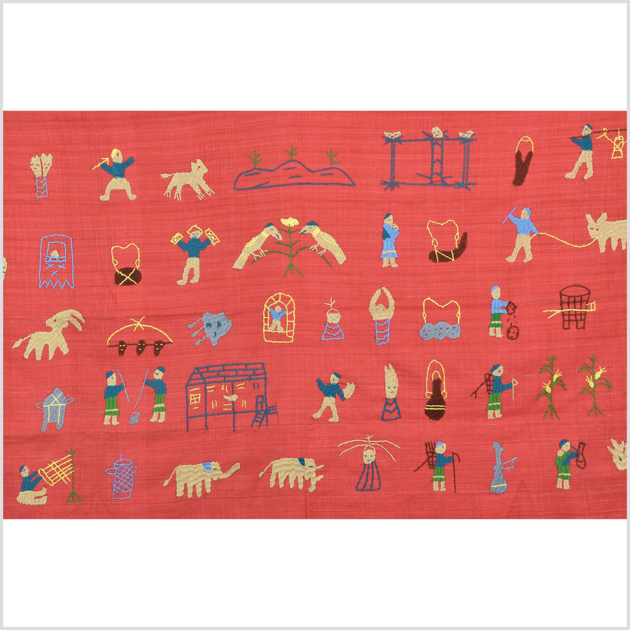 Tomato red cotton story quilt Naga tribal textile ethnic embroidered boho fabric Burma hill tribe tapestry Thailand India Hmong II103