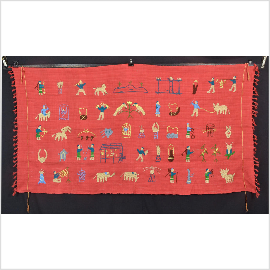 Tomato red cotton story quilt Naga tribal textile ethnic embroidered boho fabric Burma hill tribe tapestry Thailand India Hmong II103