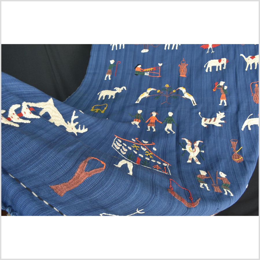 Dark cornflower blue cotton story quilt Naga tribal textile ethnic embroidered boho fabric Burma hill tribe tapestry Thai India ii107