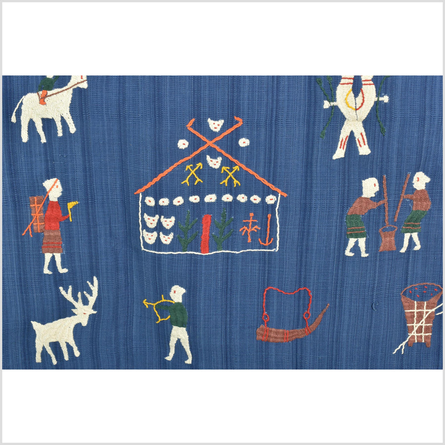 Dark cornflower blue cotton story quilt Naga tribal textile ethnic embroidered boho fabric Burma hill tribe tapestry Thai India ii107