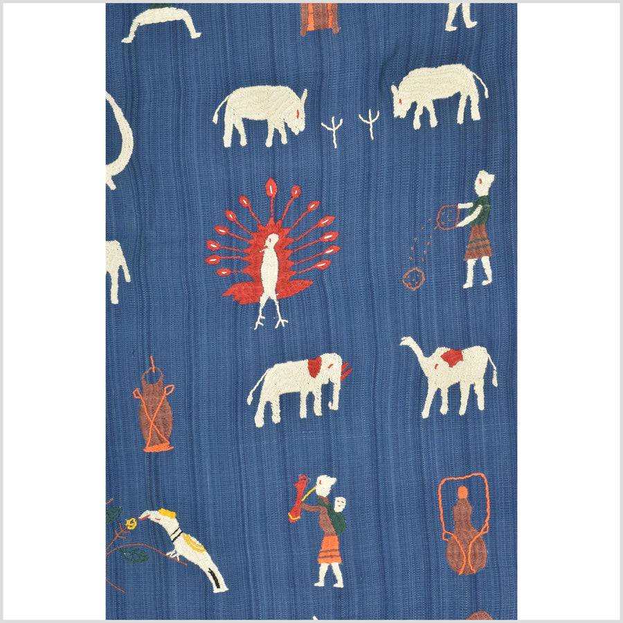 Dark cornflower blue cotton story quilt Naga tribal textile ethnic embroidered boho fabric Burma hill tribe tapestry Thai India ii107