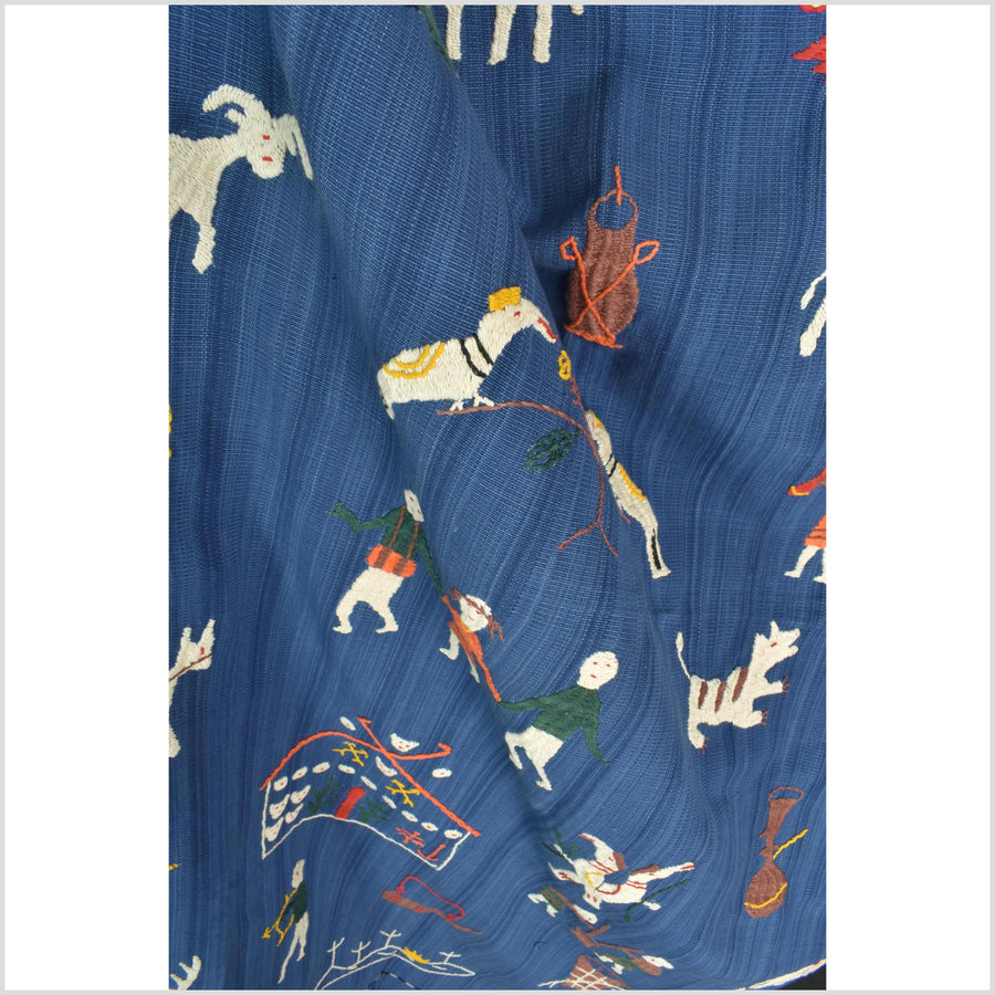 Dark cornflower blue cotton story quilt Naga tribal textile ethnic embroidered boho fabric Burma hill tribe tapestry Thai India ii107