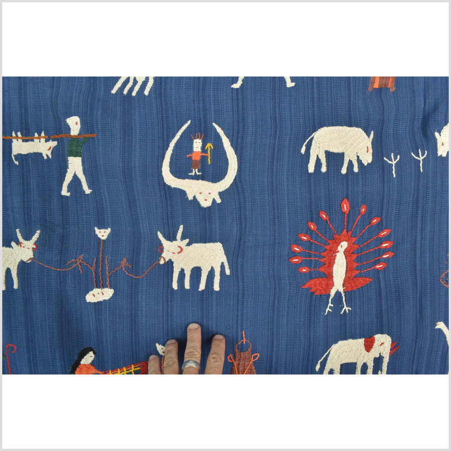 Dark cornflower blue cotton story quilt Naga tribal textile ethnic embroidered boho fabric Burma hill tribe tapestry Thai India ii107