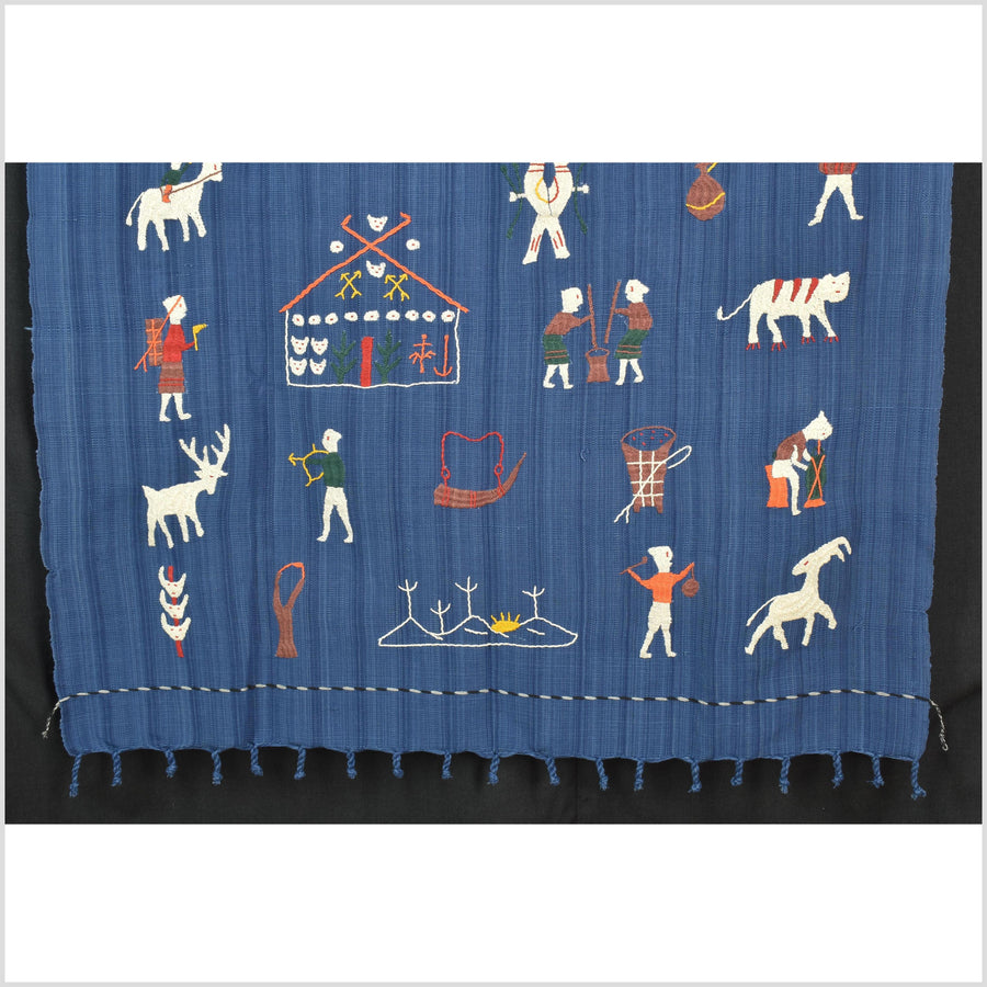Dark cornflower blue cotton story quilt Naga tribal textile ethnic embroidered boho fabric Burma hill tribe tapestry Thai India ii107
