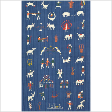 Dark cornflower blue cotton story quilt Naga tribal textile ethnic embroidered boho fabric Burma hill tribe tapestry Thai India ii107