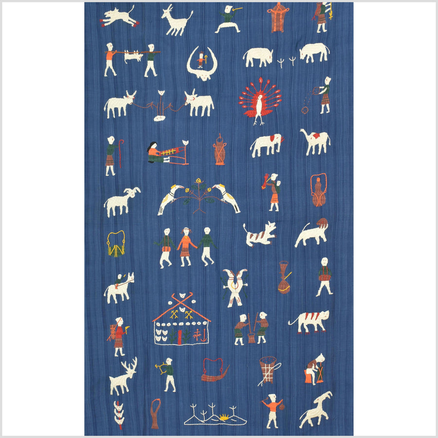 Dark cornflower blue cotton story quilt Naga tribal textile ethnic embroidered boho fabric Burma hill tribe tapestry Thai India ii107
