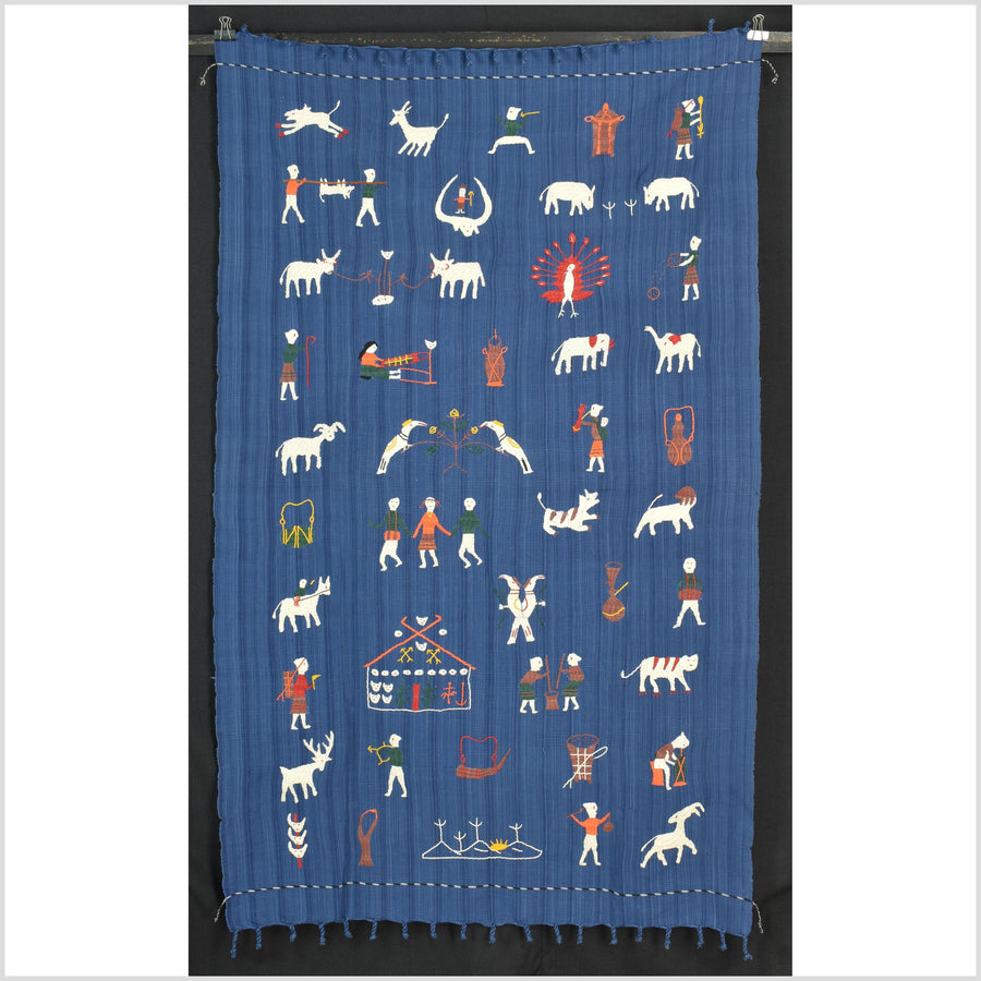 Dark cornflower blue cotton story quilt Naga tribal textile ethnic embroidered boho fabric Burma hill tribe tapestry Thai India ii107
