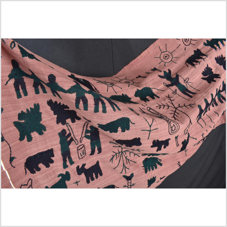 Plum mauve special Naga tribal textile cotton story quilt, animals, totems, boho hilltribe tapestry Thailand India ii108