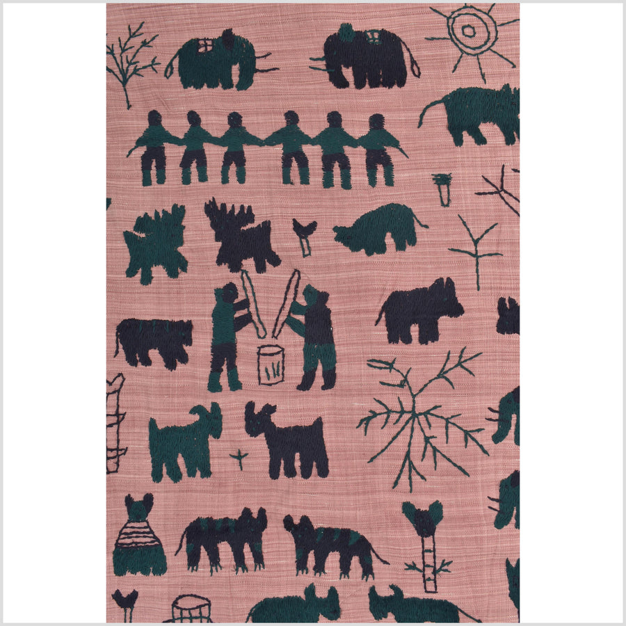 Plum mauve special Naga tribal textile cotton story quilt, animals, totems, boho hilltribe tapestry Thailand India ii108