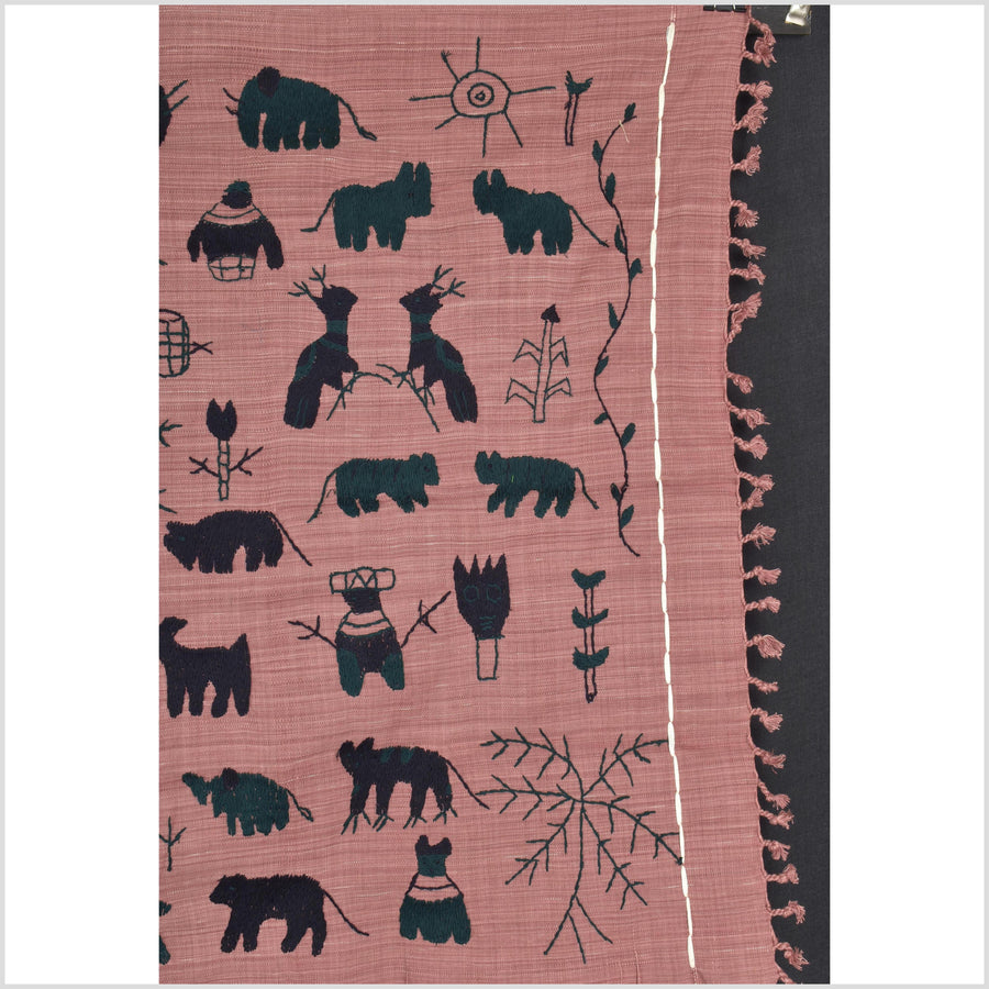 Plum mauve special Naga tribal textile cotton story quilt, animals, totems, boho hilltribe tapestry Thailand India ii108