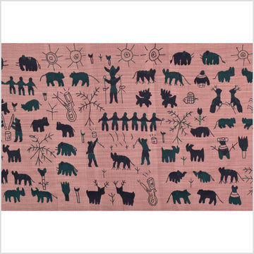 Plum mauve special Naga tribal textile cotton story quilt, animals, totems, boho hilltribe tapestry Thailand India ii108