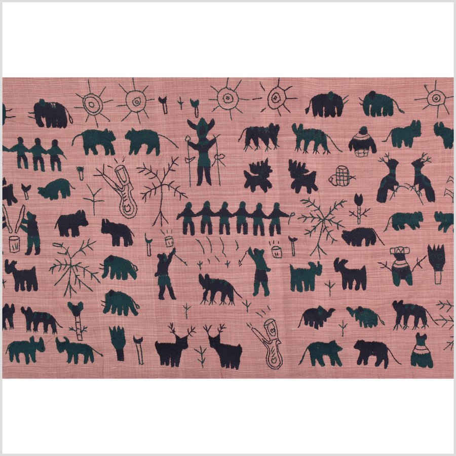 Plum mauve special Naga tribal textile cotton story quilt, animals, totems, boho hilltribe tapestry Thailand India ii108