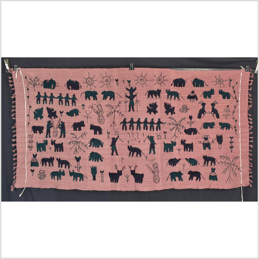 Plum mauve special Naga tribal textile cotton story quilt, animals, totems, boho hilltribe tapestry Thailand India ii108