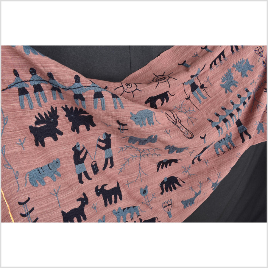 Plum mauve special Naga tribal textile cotton story quilt, animals, totems, boho hilltribe tapestry Thailand India ii109