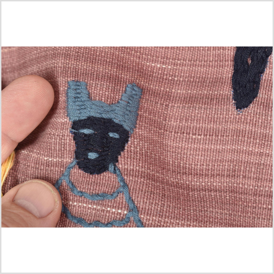Plum mauve special Naga tribal textile cotton story quilt, animals, totems, boho hilltribe tapestry Thailand India ii109