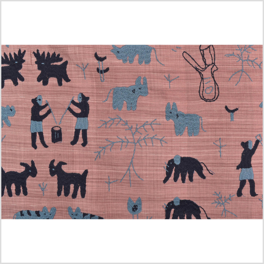 Plum mauve special Naga tribal textile cotton story quilt, animals, totems, boho hilltribe tapestry Thailand India ii109