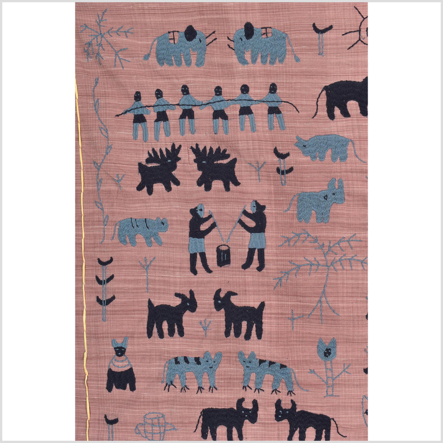 Plum mauve special Naga tribal textile cotton story quilt, animals, totems, boho hilltribe tapestry Thailand India ii109