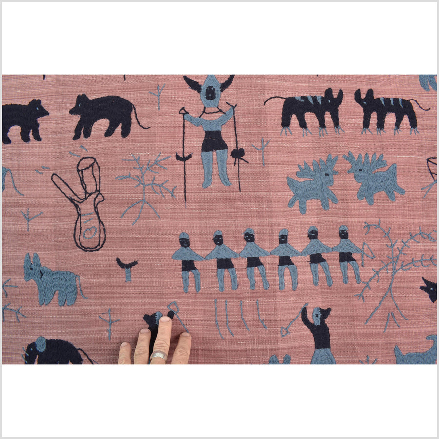 Plum mauve special Naga tribal textile cotton story quilt, animals, totems, boho hilltribe tapestry Thailand India ii109