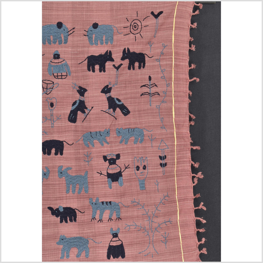 Plum mauve special Naga tribal textile cotton story quilt, animals, totems, boho hilltribe tapestry Thailand India ii109