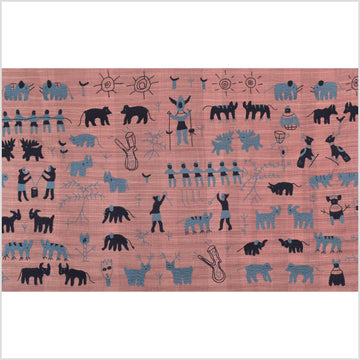 Plum mauve special Naga tribal textile cotton story quilt, animals, totems, boho hilltribe tapestry Thailand India ii109