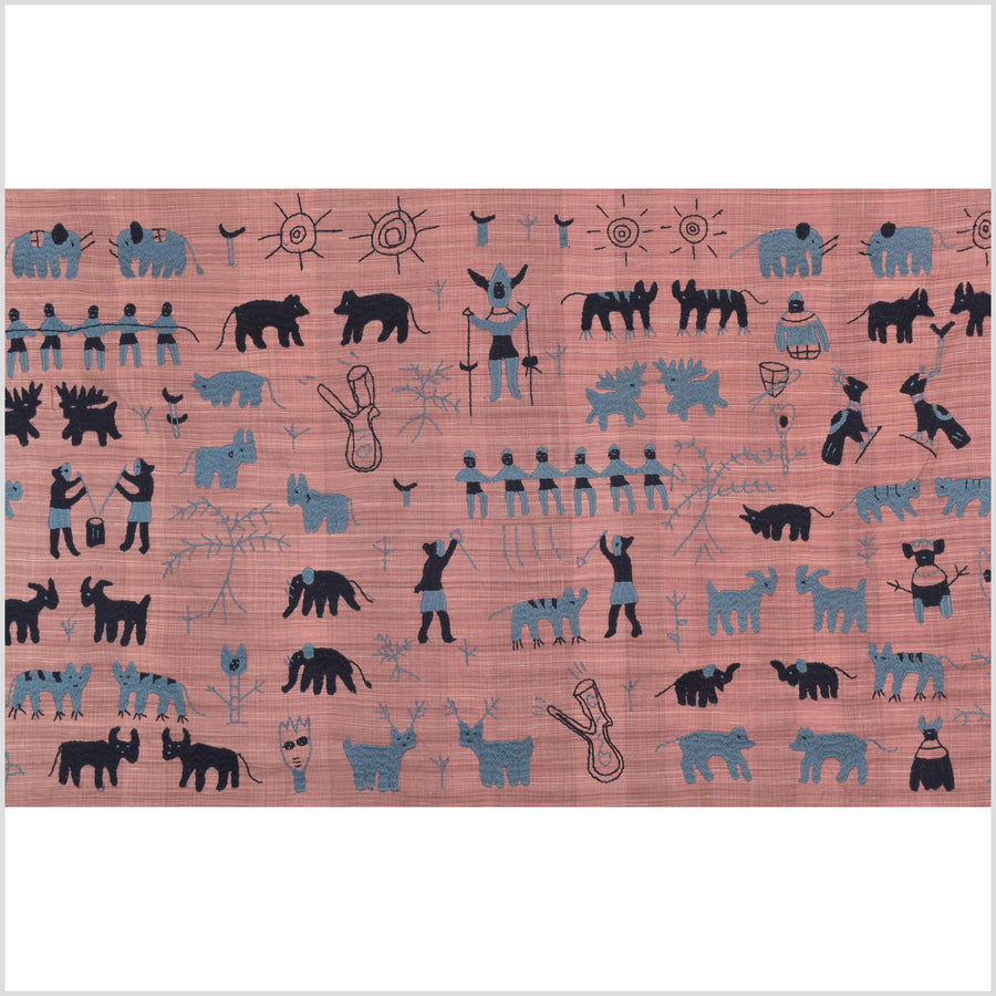 Plum mauve special Naga tribal textile cotton story quilt, animals, totems, boho hilltribe tapestry Thailand India ii109