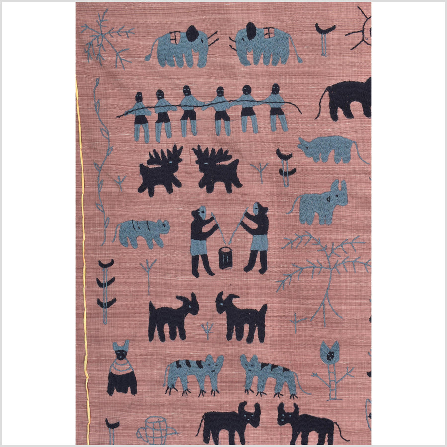 Plum mauve special Naga tribal textile cotton story quilt, animals, totems, boho hilltribe tapestry Thailand India ii109