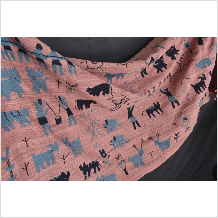 Plum mauve special Naga tribal textile cotton story quilt, animals, totems, boho hilltribe tapestry Thailand India ii110