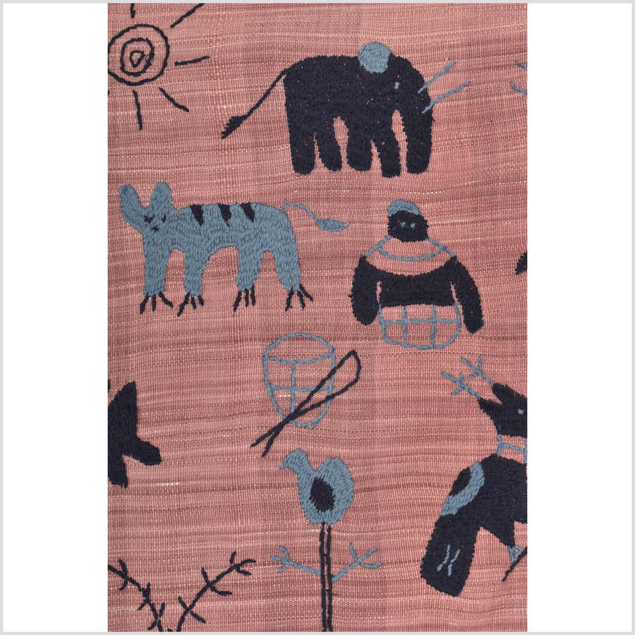 Plum mauve special Naga tribal textile cotton story quilt, animals, totems, boho hilltribe tapestry Thailand India ii110