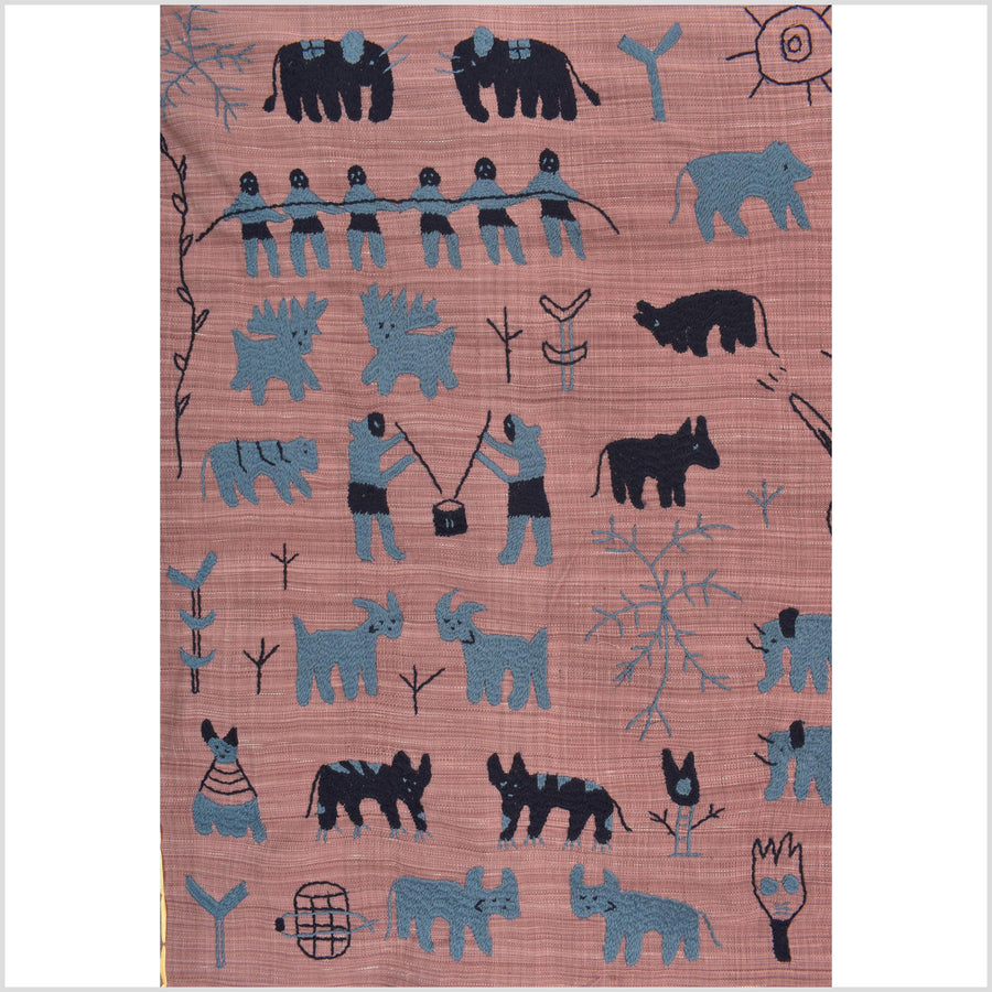 Plum mauve special Naga tribal textile cotton story quilt, animals, totems, boho hilltribe tapestry Thailand India ii110