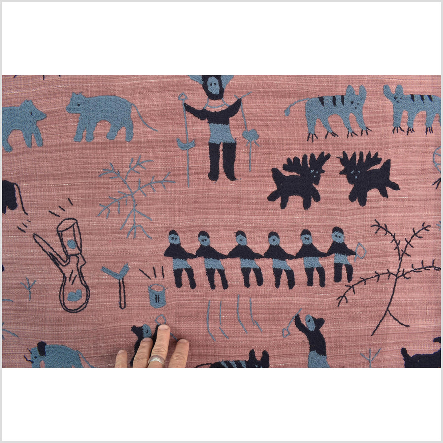 Plum mauve special Naga tribal textile cotton story quilt, animals, totems, boho hilltribe tapestry Thailand India ii110
