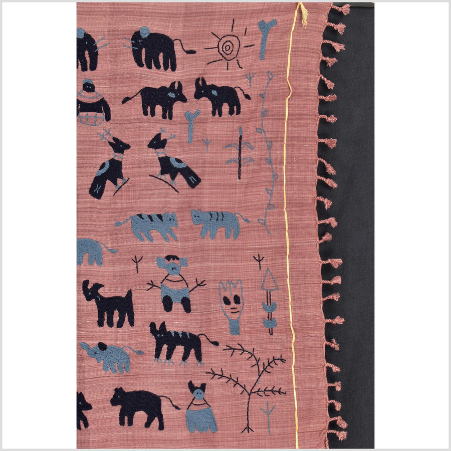 Plum mauve special Naga tribal textile cotton story quilt, animals, totems, boho hilltribe tapestry Thailand India ii110