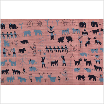 Plum mauve special Naga tribal textile cotton story quilt, animals, totems, boho hilltribe tapestry Thailand India ii110
