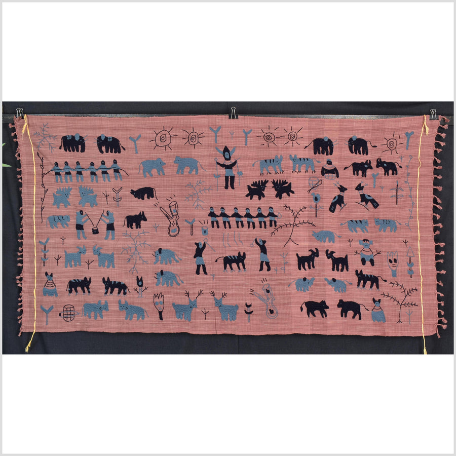 Plum mauve special Naga tribal textile cotton story quilt, animals, totems, boho hilltribe tapestry Thailand India ii110