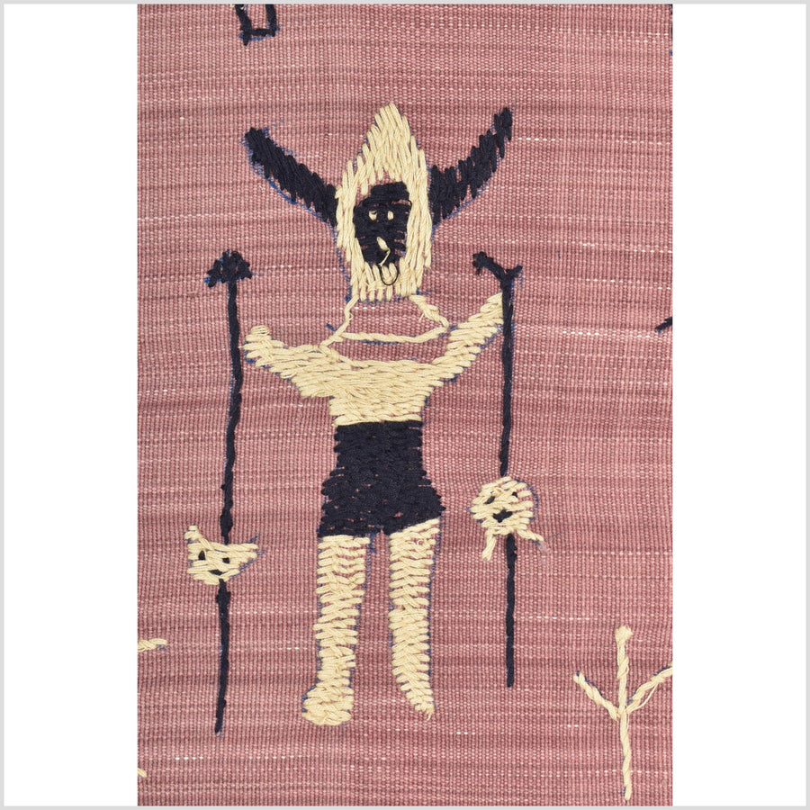Plum mauve special Naga tribal textile cotton story quilt, animals, totems, boho hilltribe tapestry Thailand India ii111